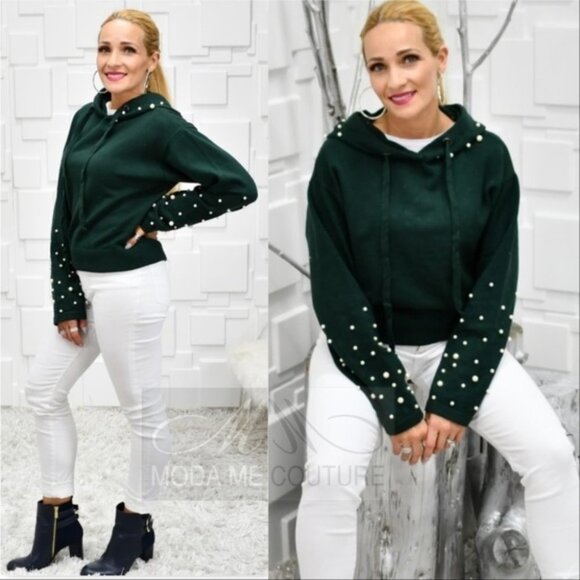 Hunter Green Pearl Detail Hoodie - Picture 4 of 5